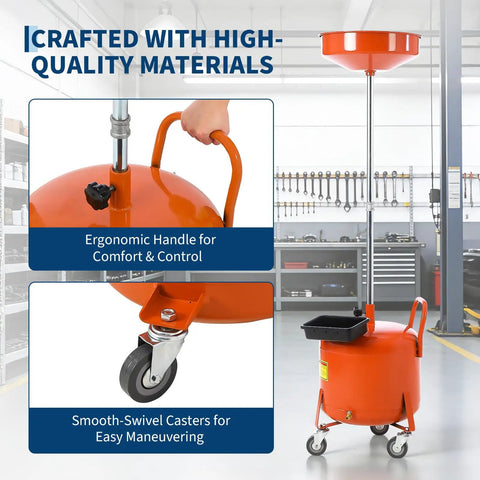 Upgrade Your Shop With This Tough 8 Gallon Waste Oil Drain Tank Featuring An Adjustable Funnel, Portable Air Operated Drainer For Fluid Transfer, Heavy Duty Rust Proof Steel Build With Wheels And Toolbox Storage, showing ergonomic handle and smooth swivel casters.