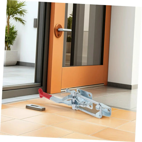 Heavy Duty Toggle Latch Clamp for Tool Boxes and Jigs, 2183 Lbs Holding Capacity, Galvanized Iron With Hydrophobic Sealing and Anticorrosive Treatment, Adjustable Metal, Weatherproof Quick Release Design on floor beside door latch