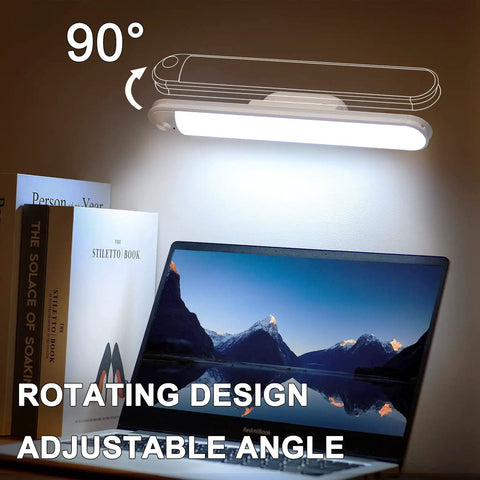 Rechargeable Touch Light Bar With Remote Dimmable LED Mirror Lights illuminating a desk with a rotating adjustable angle feature.