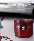 Red Solid Wood Espresso Portafilter Holder And Tamping Station Precision Slot with coffee beans on the counter.