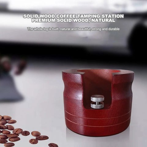 Red Solid Wood Espresso Portafilter Holder And Tamping Station Precision Slot with coffee beans on the counter.