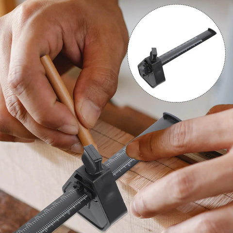 Straight Shooting Carpentry Marking Gauge And Heavy Duty Manual Parallel Scriber With Dual Side Imperial Graduations For Snappy DIY wood layouts in use, marking a straight line.