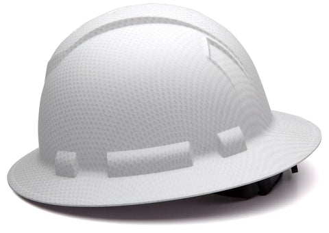 Ridgeline Full Brim Hard Hat With 4 Point Ratchet Suspension Lightweight ABS Build Matte White Graphite Pattern side view