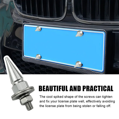 Dope Swap Proof Anti Theft License Plate Bolt Kit Featuring Sharp Spike Fasteners Universal Auto Hardware Set For Personal Rides Trucks SuVs And Street Machines In Silver on a car.