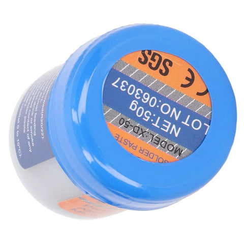 No Clean Solder Paste Sn63 Leaded Flux For SMT Patch And Electronic Repair Dope 50g Jar with blue lid, close-up top view