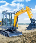 Compact Hydraulic Digger For Construction And Landscaping Jobs on a dirt site with a blue sky background