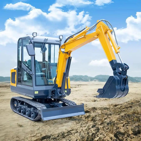 Compact Hydraulic Digger For Construction And Landscaping Jobs on a dirt site with a blue sky background