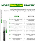 Retractable Golf Swing Trainer With Instant Click Feedback, Grip Training And Swing Mechanics For Beginners And Tempo Training For Advanced Players, Arm Connection, Right Handed, Indoor And Outdoor Practice, shown extended and collapsed sizes with comparison chart.