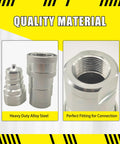 Two-piece hydraulic quick-connect coupler set in heavy-duty alloy steel with 1'' NPT threads and dust cap (front/close-up views)