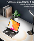 Full-screen light illuminating a workbench with tablet and plant, showcasing Adjustable Desk Ring Light With Stand For Webcam And Video Calls.