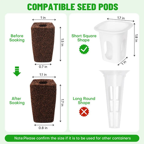 100 Pack Grow Sponges For Seed Starters Replacement Root Growth Sponges Pods Seed Starter Plugs For Hydroponic Indoor Garden Setup Dry Size About 1 In Top 0.7 In Bottom 1.5 In Height Soaked Size About 1.1 In Top Compatible With Similar Setups before and after soaking dimensions with seed pod sizes