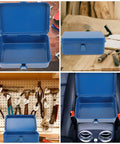Heavy Duty Metal Tool Box Pair In Blue Thick Iron Construction With Sturdy Latches Portable Trunk Storage For Your Ride Or Home Workshop Solid Setup open on a workbench.