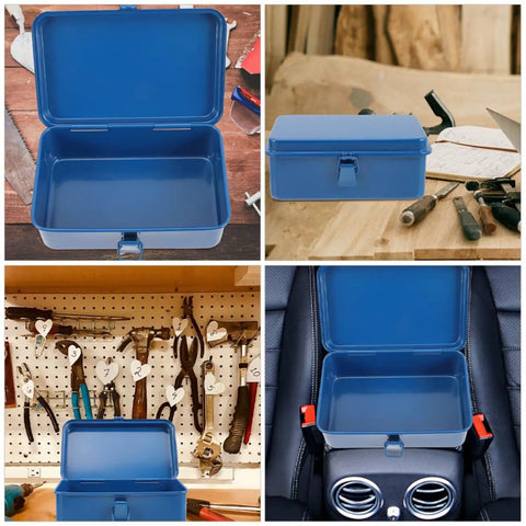 Heavy Duty Metal Tool Box Pair In Blue Thick Iron Construction With Sturdy Latches Portable Trunk Storage For Your Ride Or Home Workshop Solid Setup open on a workbench.