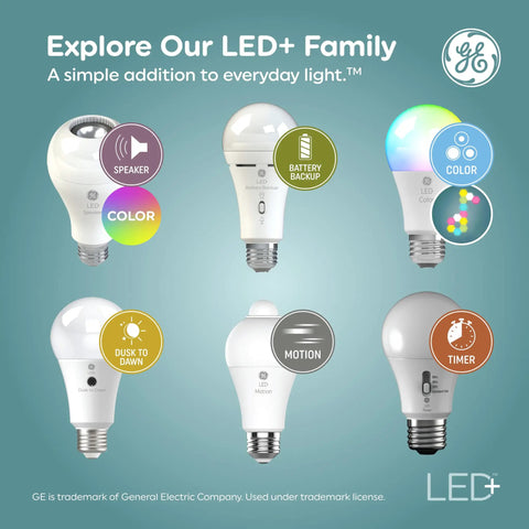 Assorted LED bulbs with features like color, speaker, battery, motion, and timer from GE LED+ family collection.
