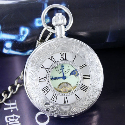 Waterproof Large Digital Luminous Tourbillon Moon Phase 24H Pocket Watch Built To Last With Automatic Mechanical Movement, Roman Dial, Chain Fob, 3ATM Waterproof, Dustproof, Gift Box
