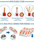100 Pcs Inline Wire Connectors Kit With Lever For Quick Wiring 28 To 12 AWG, showing solid, stranded, and flexible wire compatibility.