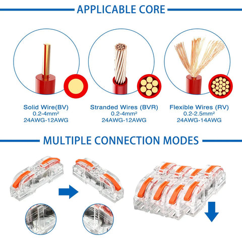 Tough Orange Lever Wire Connectors 100 Piece Slick Push Terminal Block Kit For 28 To 12 Gauge Stranded Solid Core Electrical Wiring Gear Quick Clamp Design Flame Shield with wiring types.