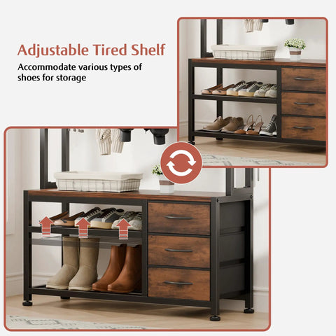 Rustic Brown Hall Tree With Bench And Shoe Storage Freestanding Coat Rack With adjustable tiered shelf and drawers