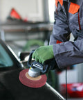 Man using Heavy Duty VOSAREA Bench Grinder Buffing Wheel With Nonwoven Abrasive Cloth on car surface for polishing.