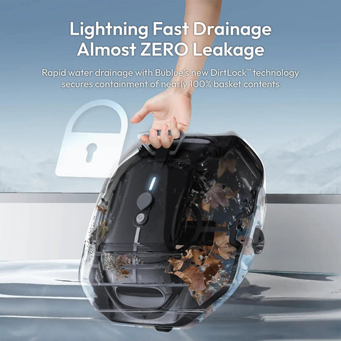 Automatic Cordless Pool Vacuum With Beast Mode Suction And Smart Navigation For Above Ground Flat Pools Up To 850 Sq Ft showing DirtLock technology for quick drainage.