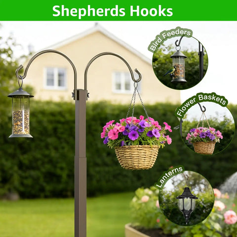 Heavy Duty Tough As Nails Garden Hose Reel With Two Shepherd Hooks Holds 150 Feet Of Five Eighths Inch Hose Freestanding 77 Inch Hose Hanger With Storage Basket Weather Resistant Steel Stand Space Saving All In One Garden Organizer featuring shepherd hooks with hanging basket and bird feeder