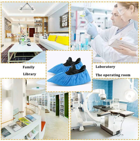 Disposable Kids Shoe Covers Non Slip Blue 50 Pack 25 Pairs Stretchable Nonwoven Fabric Durable for US Children Size 8 to 13.5 1 to 4 Easy On Breathable Soft Comfort Dustproof Kid Friendly Fit displayed in multiple settings including family library, laboratory, and operating room.