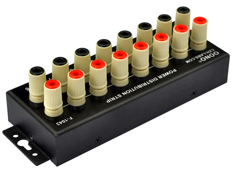 Eight Outlet DC Power Distribution Strip With Beefy High Current Terminals 60V 50A Total 30A Per Port Heavy Duty Power Hub angled view.