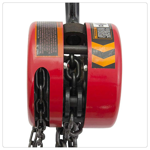 Top Shelf Manual Chain Block Hoist With Double Hook Setup And Precision Load Brakes; close-up of red hoist drum and chain.