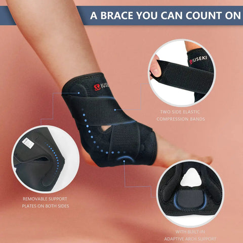Ankle Brace For Women And Men With Compression Foot Support For Sprained Ankles Injury Recovery Pain Relief For Running And Basketball Medium Size All Day Comfy showing black brace on foot with blue stitching and elastic bands