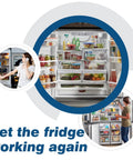Open fridge showing contents with text overlay promoting Refrigerator Start Device And Run Capacitor Kit W10189190 TSD2 And W10662129.