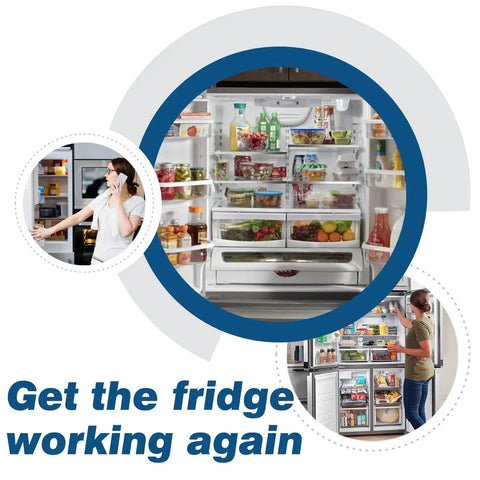 Open fridge showing contents with text overlay promoting Refrigerator Start Device And Run Capacitor Kit W10189190 TSD2 And W10662129.
