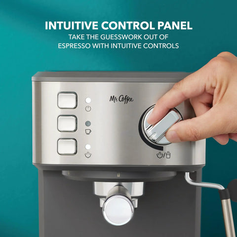 Compact Espresso Machine With 15 Bar Pump And Steam Wand Milk Frother Automatic Coffee Maker For Brewed Good Times and Smooth Morning Shots control panel with intuitive buttons.