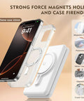 A smartphone with a magnetic case docked on a Three In One Magnetic Wireless Charger Travel Station For iPhone 17 16 15 14 13 12 Pro Max Plus Watch AirPods Foldable Charging Pad On The Go With Magnetic Alignment For Seamless Apple Watch AirPods And iPhone Docking, shown in white.