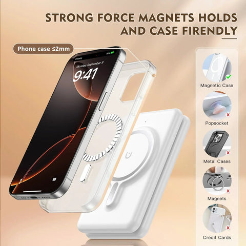 A smartphone with a magnetic case docked on a Three In One Magnetic Wireless Charger Travel Station For iPhone 17 16 15 14 13 12 Pro Max Plus Watch AirPods Foldable Charging Pad On The Go With Magnetic Alignment For Seamless Apple Watch AirPods And iPhone Docking, shown in white.