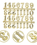 Self Adhesive Gold Clock Numerals Kit With Arabic And Roman Numerals set on white with circular detail close-ups.