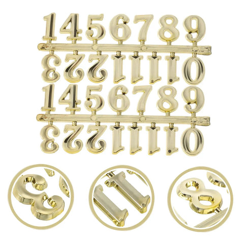 Self Adhesive Gold Clock Numerals Kit With Arabic And Roman Numerals set on white with circular detail close-ups.