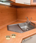 Corner RV kitchen sink cabinet with Five Piece Semi Hidden Spring Loaded Door Hinges For RV Doors Heavy Duty Steel Half Surface Design