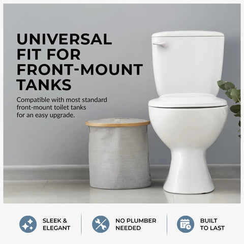 White Finish Front Mount Toilet Handle Replacement Kit With Universal Flush Lever installed on a standard toilet tank.