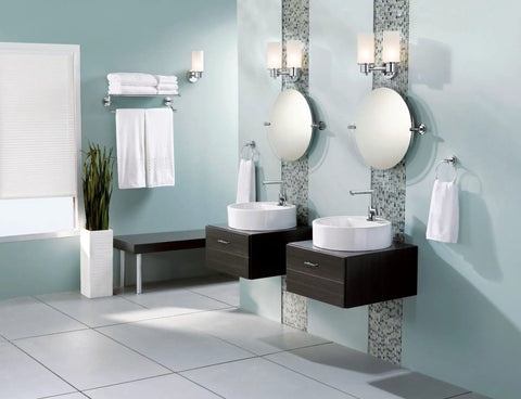 Modern bathroom with two Light Dual Mount Vanity Fixture in Chrome Finish with Frosted Glass Shades above round mirrors