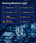 Product specifications for 30 LED Sewing Machine Light With Flexible Gooseneck And Magnetic Mount on circuit board background.
