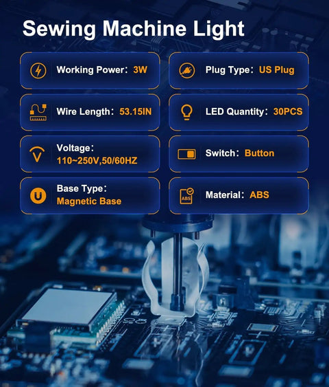 Product specifications for 30 LED Sewing Machine Light With Flexible Gooseneck And Magnetic Mount on circuit board background.