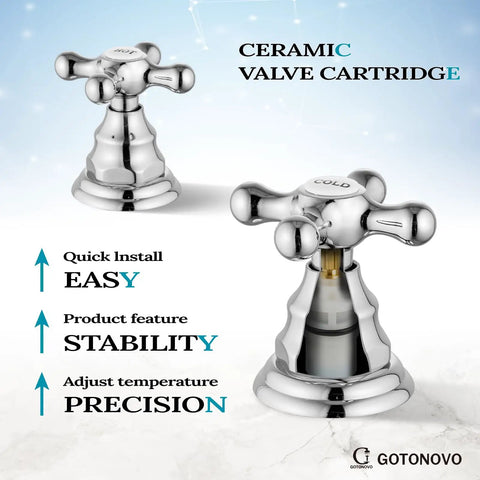 Dope Vintage Chrome 8 Inch Widespread Bathroom Faucet cross handle details, durable 304 stainless steel, ceramic valve cartridge.