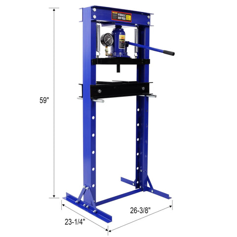 Front view of Beefy 20 Ton Hydraulic Shop Press With Bottle Jack And Pressure Gauge For Bending Straightening Bearings and U Joints.