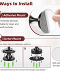 Installation options for No Drill Magnetic Door Stopper 2 Pack Black Easy Install Door Catch Holder with adhesive and screw mounts.