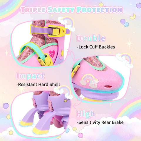 Close-up of 3 In 1 Convertible Kids Roller Skates With Light Up Wheels Hard Shell Boots, showing buckles and colorful design.