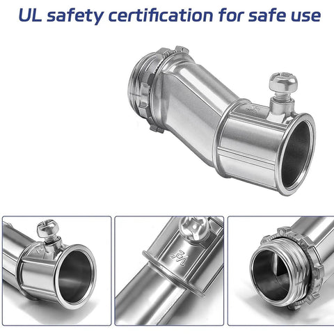 Heavy Duty Zinc Alloy Conduit Adapters With Smart Offset Design For Tricky Tight Spaces Hustle Free Solo Install Slick Half Inch To Half Inch Wire Routing Pack Of Six Killer Tool Set showing a silver zinc conduit connector.