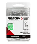 Short Aluminum Pop Rivets 1/8 Inch Diameter 100 Pack displayed in a clear box for sheet metal auto repair.