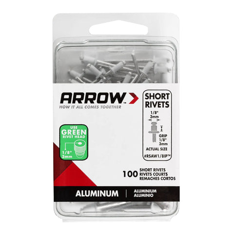 Short Aluminum Pop Rivets 1/8 Inch Diameter 100 Pack displayed in a clear box for sheet metal auto repair.