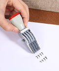 No Sweat 4 Digit Rubber Number Stamp With Adjustable Rotating Tapes For Office Inventory Warehouse Pricing Tags in use, stamping numbers on paper.