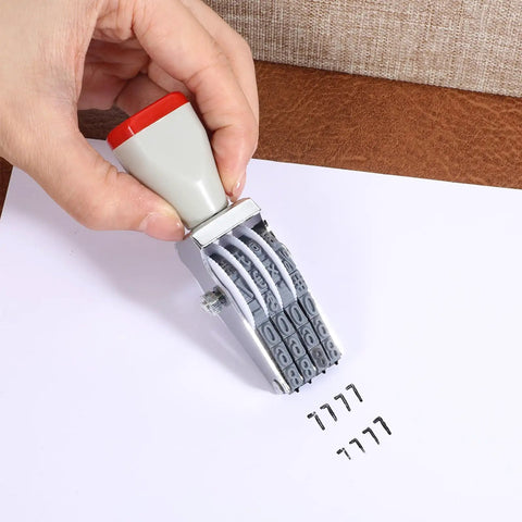 No Sweat 4 Digit Rubber Number Stamp With Adjustable Rotating Tapes For Office Inventory Warehouse Pricing Tags in use, stamping numbers on paper.